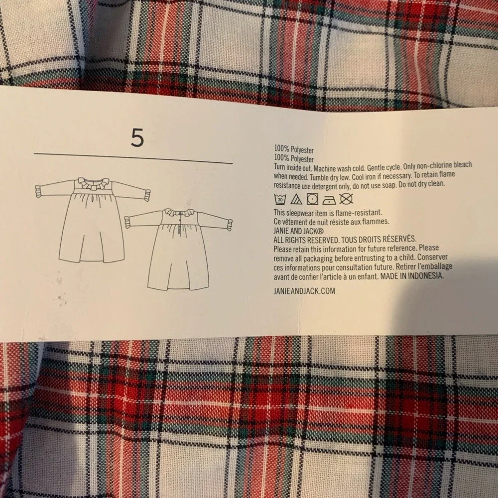 Janie and Jack Nightgown Kids 5 Red New‎ Plaid Smocked Ruffle Holiday Sleepwear